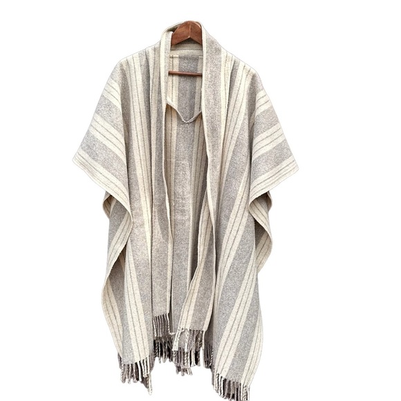 Vintage Sweaters - Vintage striped wool blanket poncho pullover with front ties